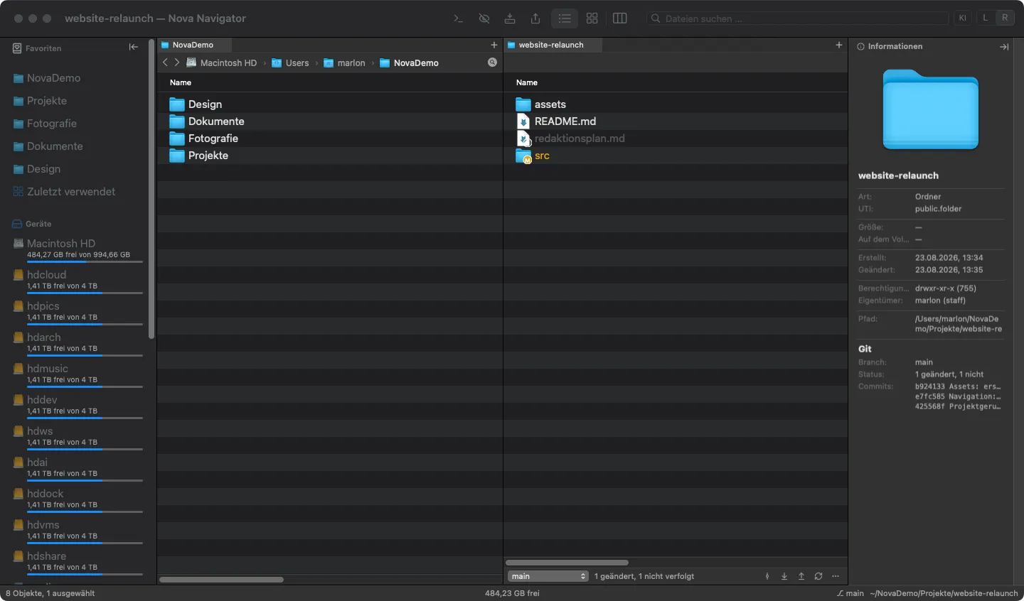 Git-Integration: Repository mit Status-Badges, Branch-Auswahl und Commit-Historie im Informations-Panel