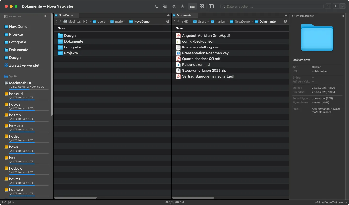 Nova Navigator im Dark Mode: Zwei-Fenster-Ansicht mit Seitenleiste, Tabs und Informations-Panel